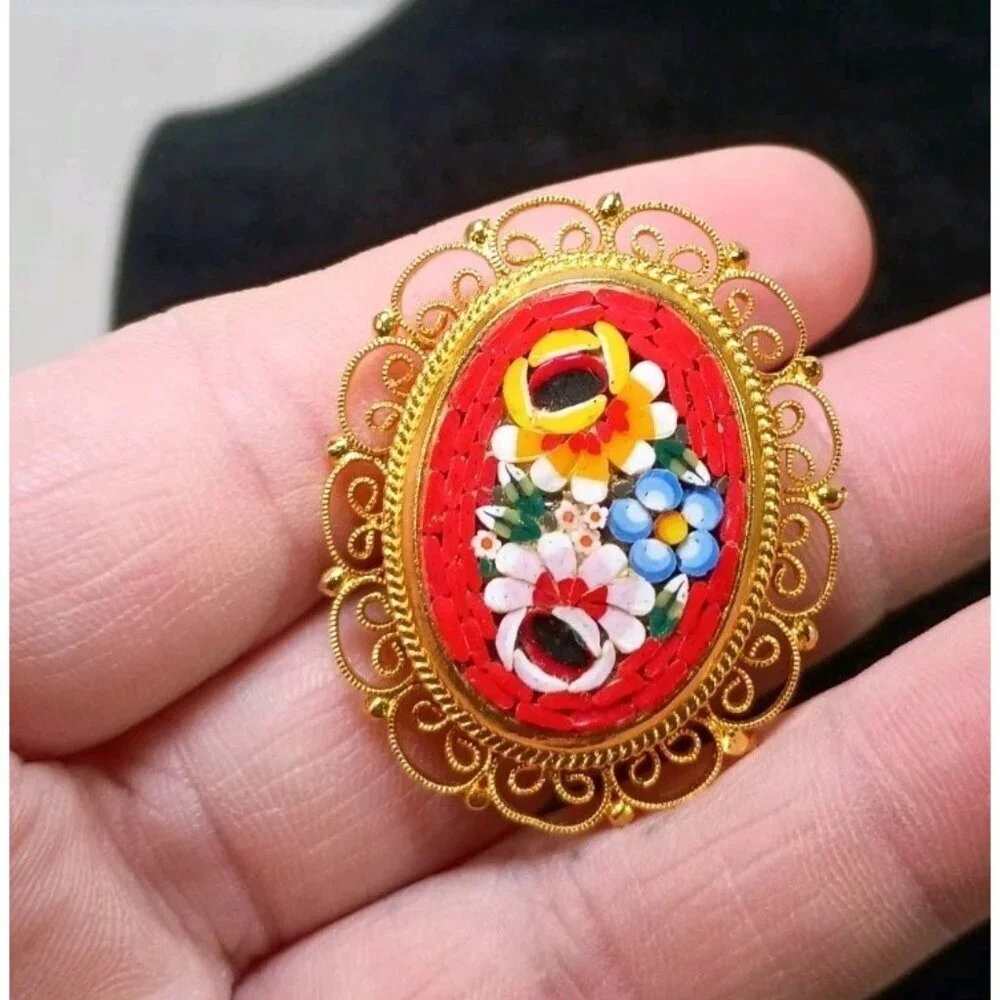 Vintage Italian Micro-Mosaic Red Floral Oval Pin in Gold-Tone Filigree